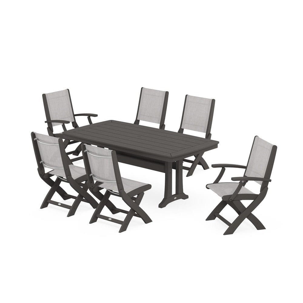 POLYWOOD® Outdoor Furniture Vintage Coffee / Parchment Sling POLYWOOD® - Coastal Folding Chair 7-Piece Dining Set with Trestle Legs - PWS1037