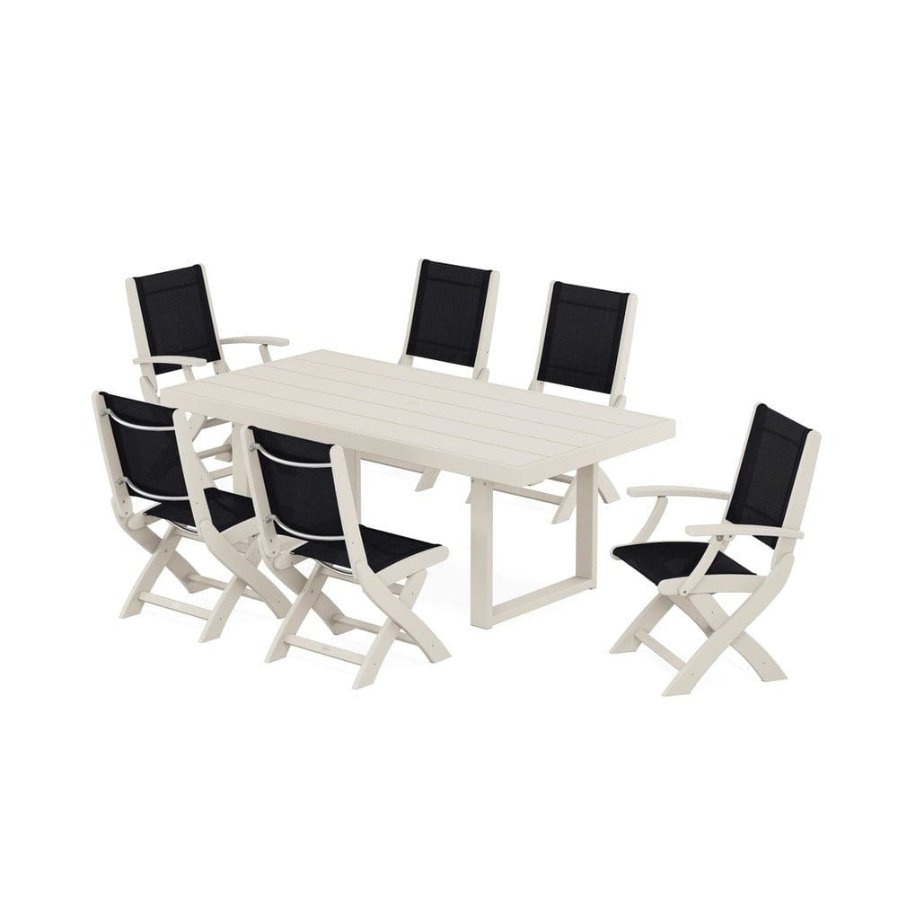 POLYWOOD® Outdoor Furniture Sand / Black Sling POLYWOOD® - Coastal Folding Chair 7-Piece Dining Set with Trestle Legs - PWS871