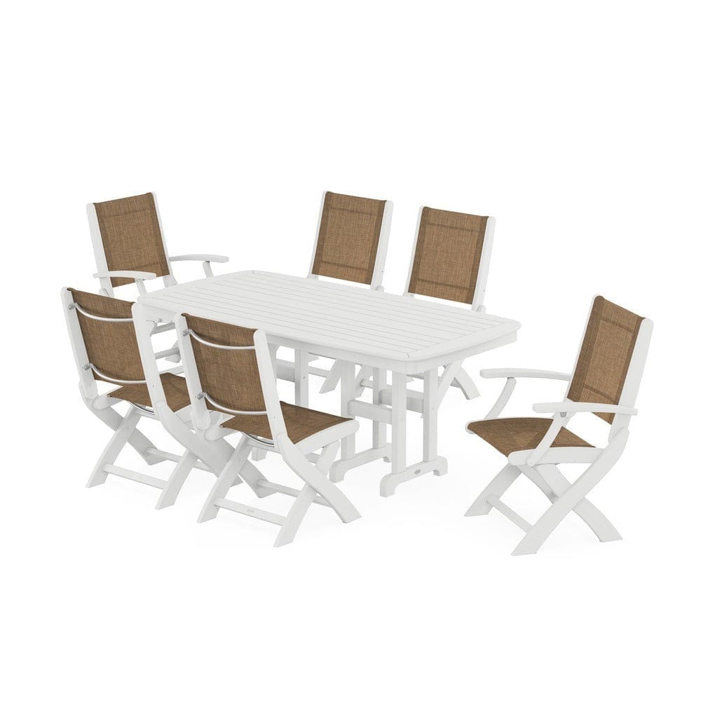 POLYWOOD® Outdoor Furniture White / Burlap Sling POLYWOOD® - Coastal Folding Chair 7-Piece Dining Set - PWS1264