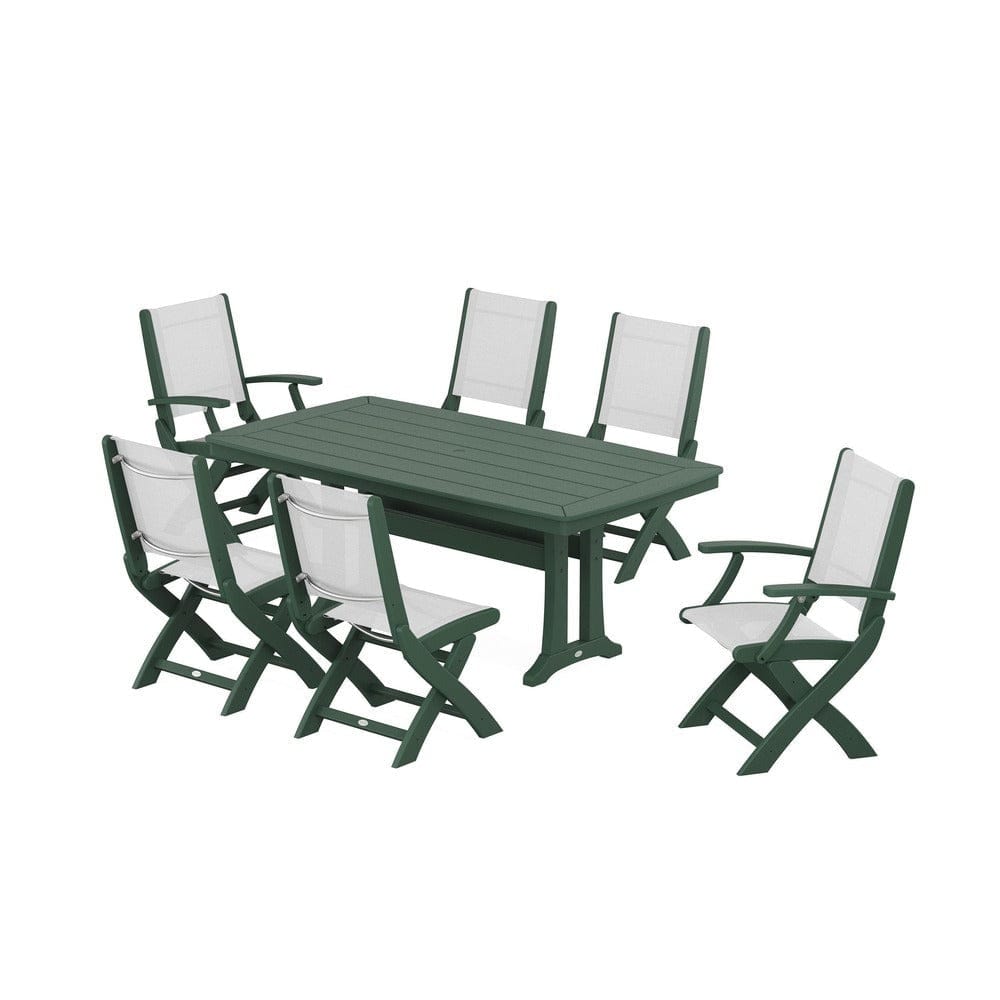 POLYWOOD® Outdoor Furniture Green / White Sling POLYWOOD® - Coastal Folding Chair 7-Piece Dining Set with Trestle Legs - PWS1037