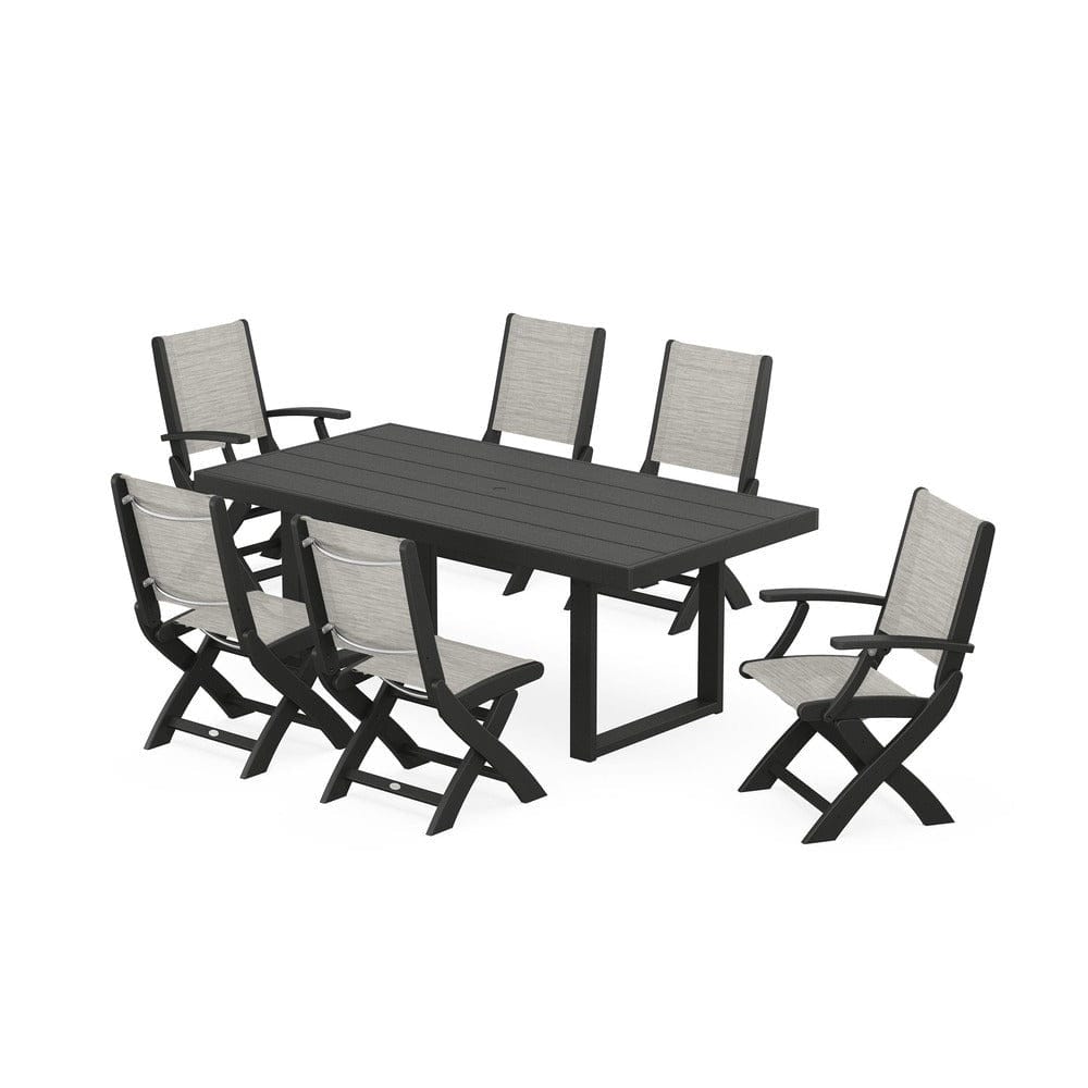 POLYWOOD® Outdoor Furniture Black / Birch Sling POLYWOOD® - Coastal Folding Chair 7-Piece Dining Set with Trestle Legs - PWS871