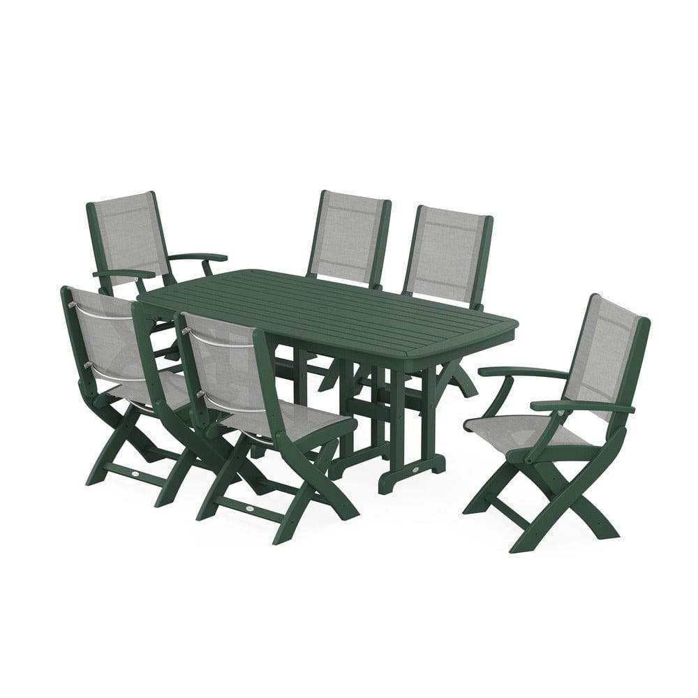 POLYWOOD® Outdoor Furniture Green / Metallic Sling POLYWOOD® - Coastal Folding Chair 7-Piece Dining Set - PWS1264