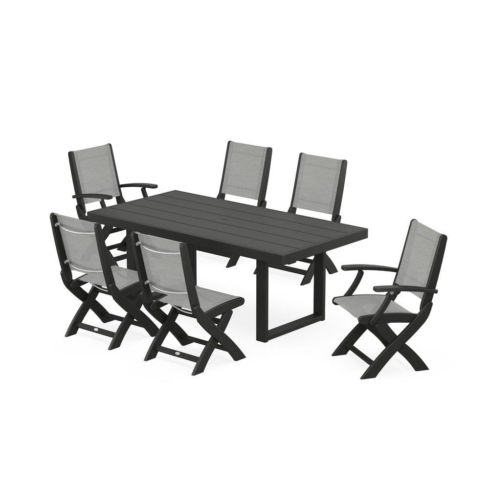 POLYWOOD® Outdoor Furniture Black / Metallic Sling POLYWOOD® - Coastal Folding Chair 7-Piece Dining Set with Trestle Legs - PWS871