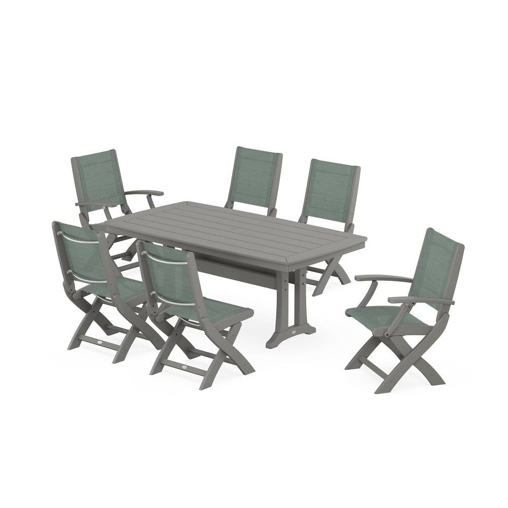 POLYWOOD® Outdoor Furniture Slate Grey / Dupioni Sea Mist Sling POLYWOOD® - Coastal Folding Chair 7-Piece Dining Set with Trestle Legs - PWS1037