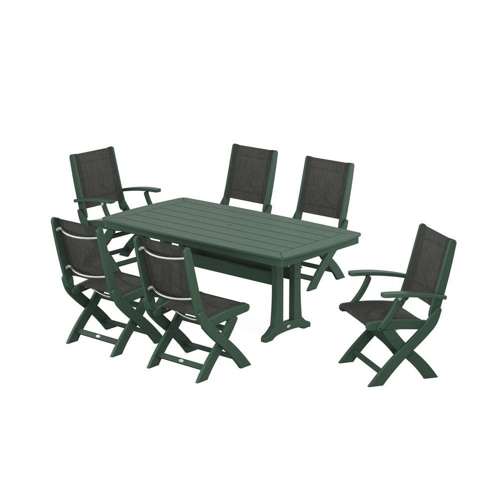 POLYWOOD® Outdoor Furniture POLYWOOD® - Coastal Folding Chair 7-Piece Dining Set with Trestle Legs - PWS1037