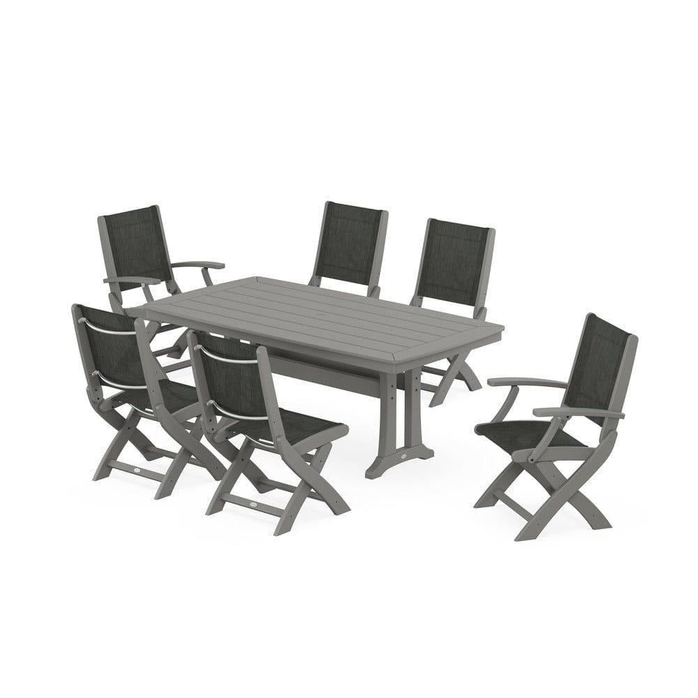 POLYWOOD® - Coastal Folding Chair 7-Piece Dining Set with Trestle Legs - PWS1037 Outdoor Furniture POLYWOOD®