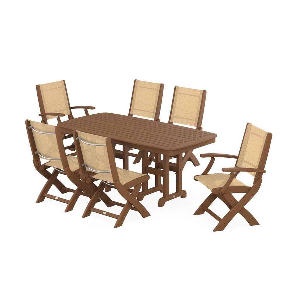 POLYWOOD® Outdoor Furniture Teak / Dupioni Apricot Sling POLYWOOD® - Coastal Folding Chair 7-Piece Dining Set - PWS1264