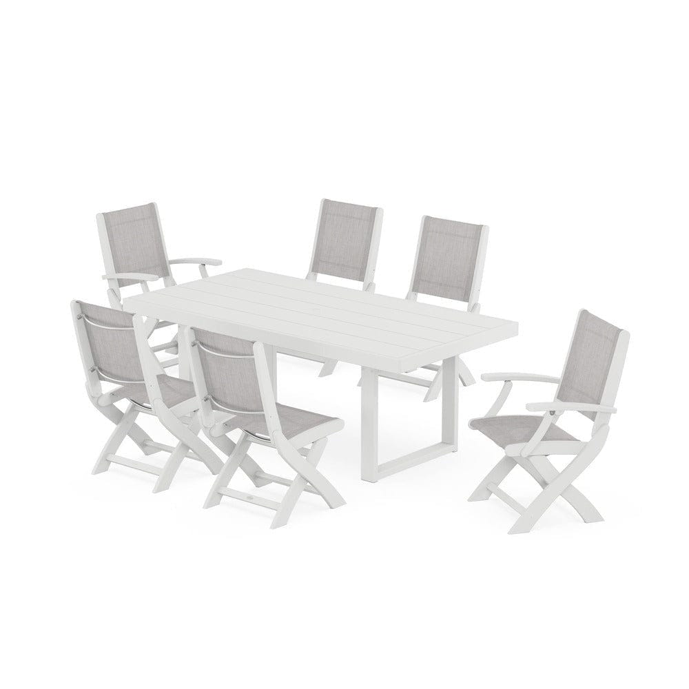 POLYWOOD® Outdoor Furniture White / Parchment Sling POLYWOOD® - Coastal Folding Chair 7-Piece Dining Set with Trestle Legs - PWS871