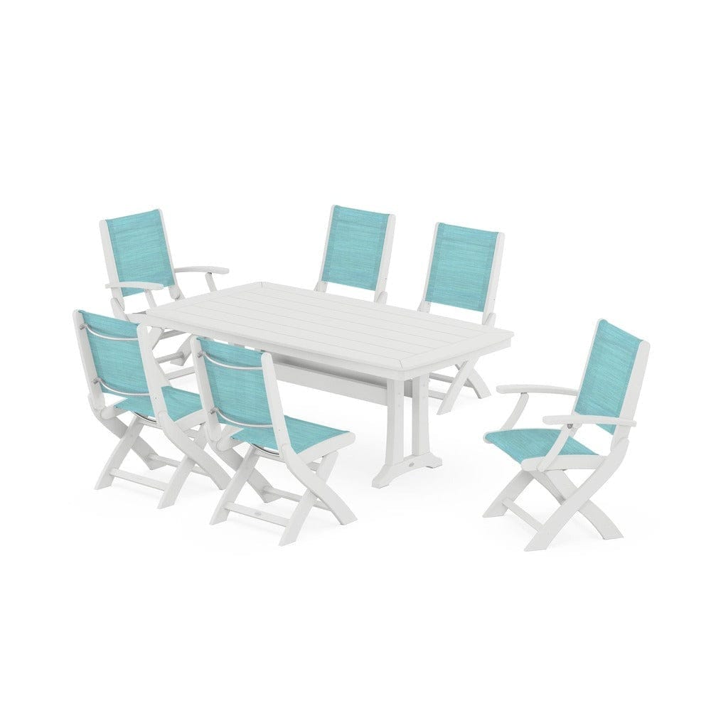 POLYWOOD® Outdoor Furniture White / Dupioni Aquamarine Sling POLYWOOD® - Coastal Folding Chair 7-Piece Dining Set with Trestle Legs - PWS1037