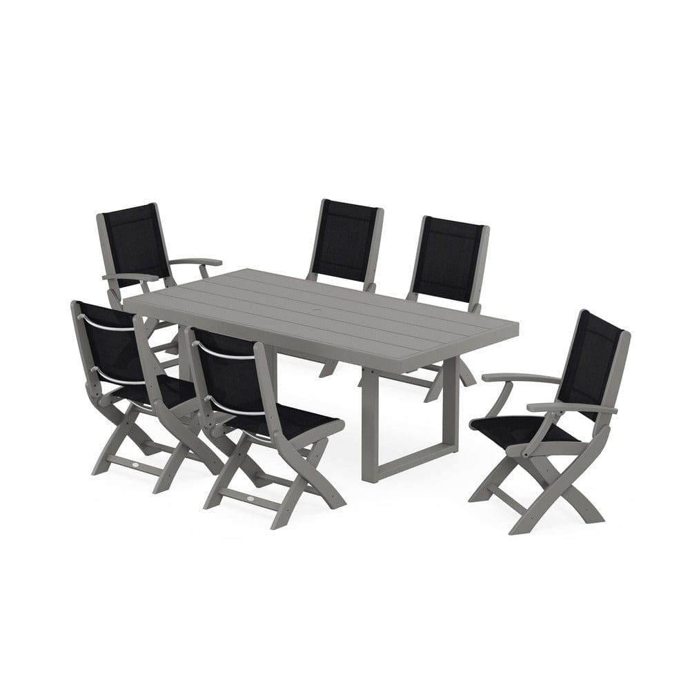 POLYWOOD® Outdoor Furniture Slate Grey / Black Sling POLYWOOD® - Coastal Folding Chair 7-Piece Dining Set with Trestle Legs - PWS871