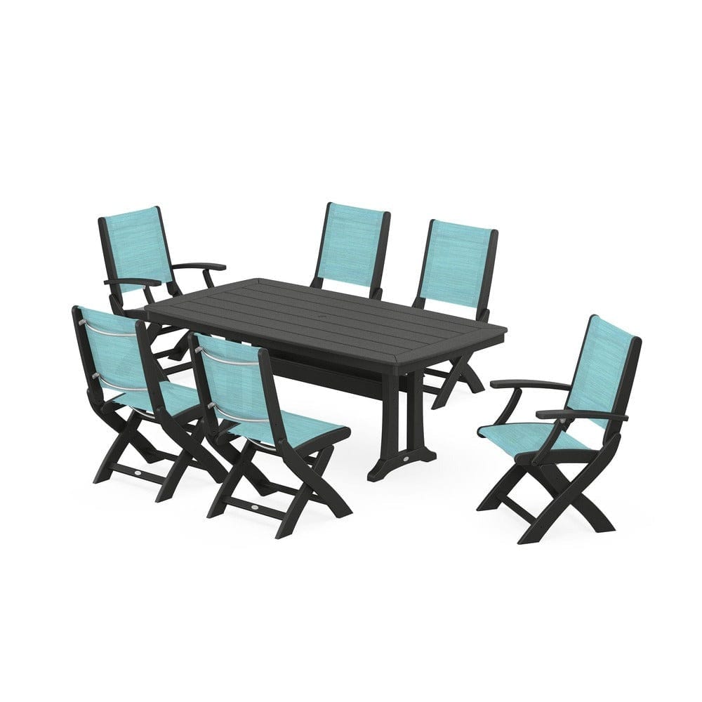 POLYWOOD® Outdoor Furniture Black / Dupioni Aquamarine Sling POLYWOOD® - Coastal Folding Chair 7-Piece Dining Set with Trestle Legs - PWS1037