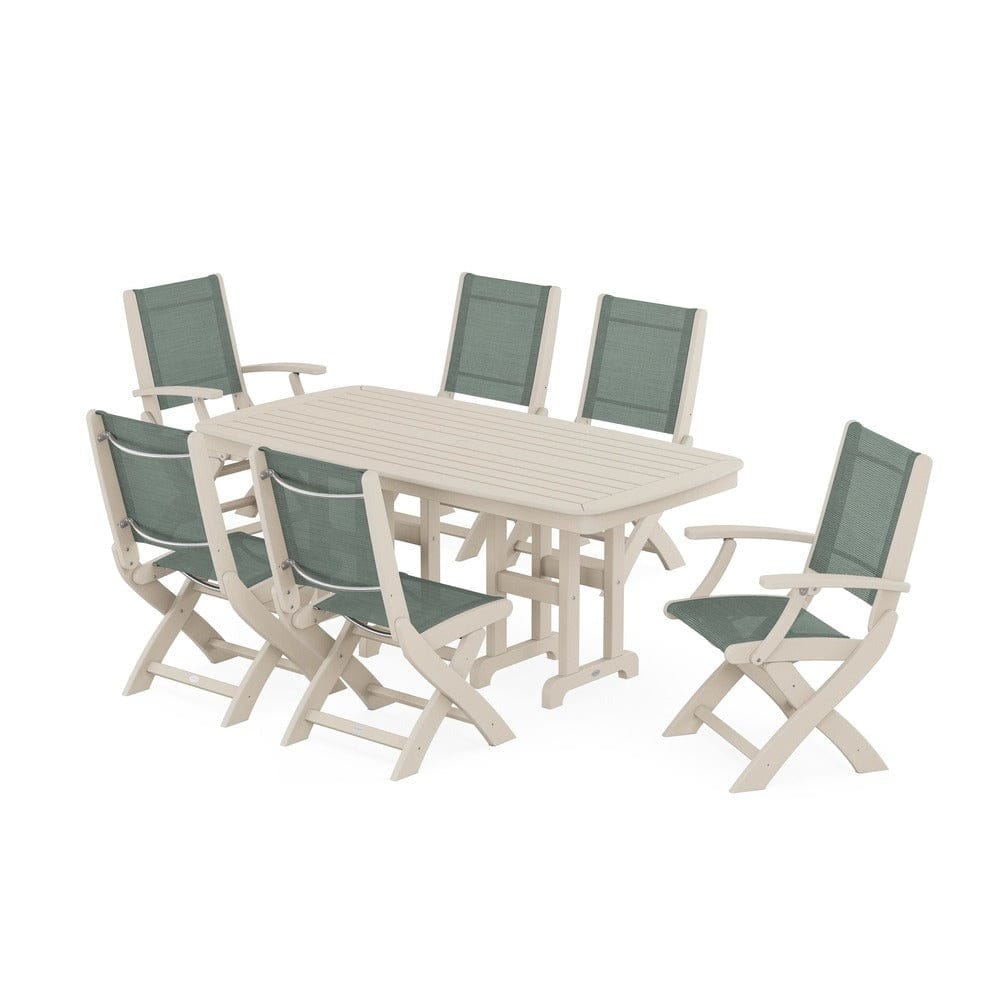 POLYWOOD® Outdoor Furniture Sand / Dupioni Sea Mist Sling POLYWOOD® - Coastal Folding Chair 7-Piece Dining Set - PWS1264