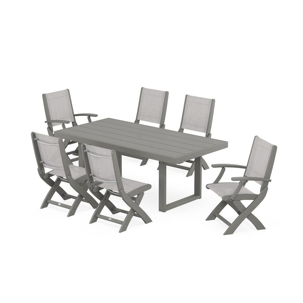 POLYWOOD® Outdoor Furniture Slate Grey / Parchment Sling POLYWOOD® - Coastal Folding Chair 7-Piece Dining Set with Trestle Legs - PWS871