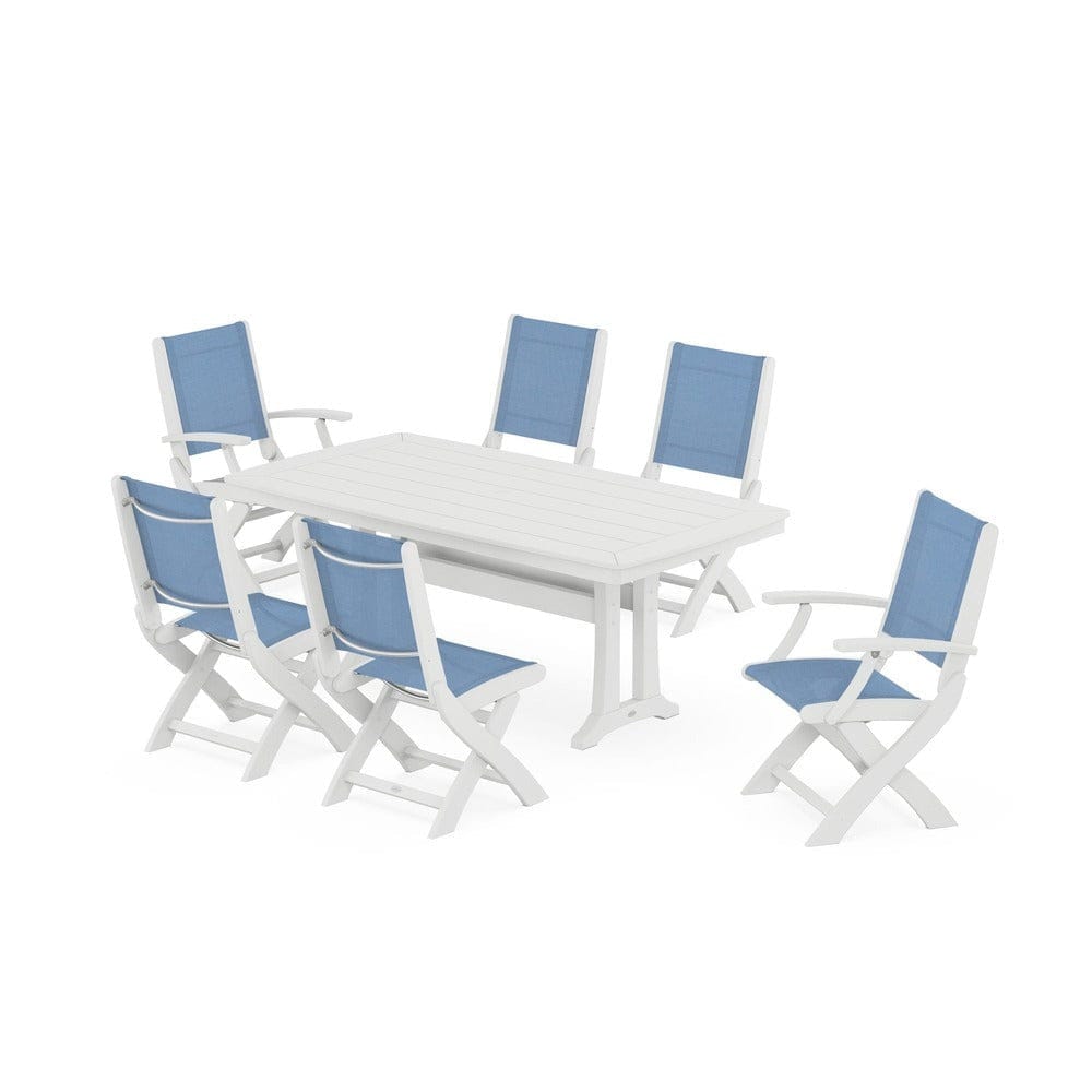 POLYWOOD® Outdoor Furniture White / Poolside Sling POLYWOOD® - Coastal Folding Chair 7-Piece Dining Set with Trestle Legs - PWS1037