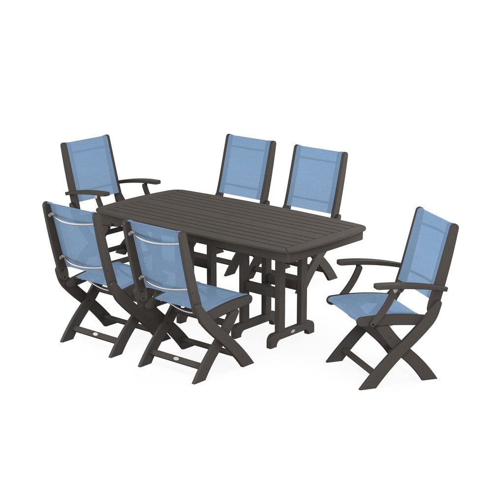 POLYWOOD® Outdoor Furniture Vintage Coffee / Poolside Sling POLYWOOD® - Coastal Folding Chair 7-Piece Dining Set - PWS1264