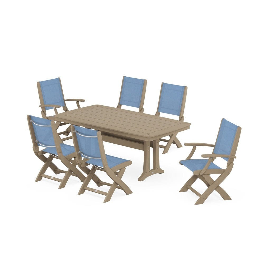 POLYWOOD® Outdoor Furniture Vintage Sahara / Poolside Sling POLYWOOD® - Coastal Folding Chair 7-Piece Dining Set with Trestle Legs - PWS1037