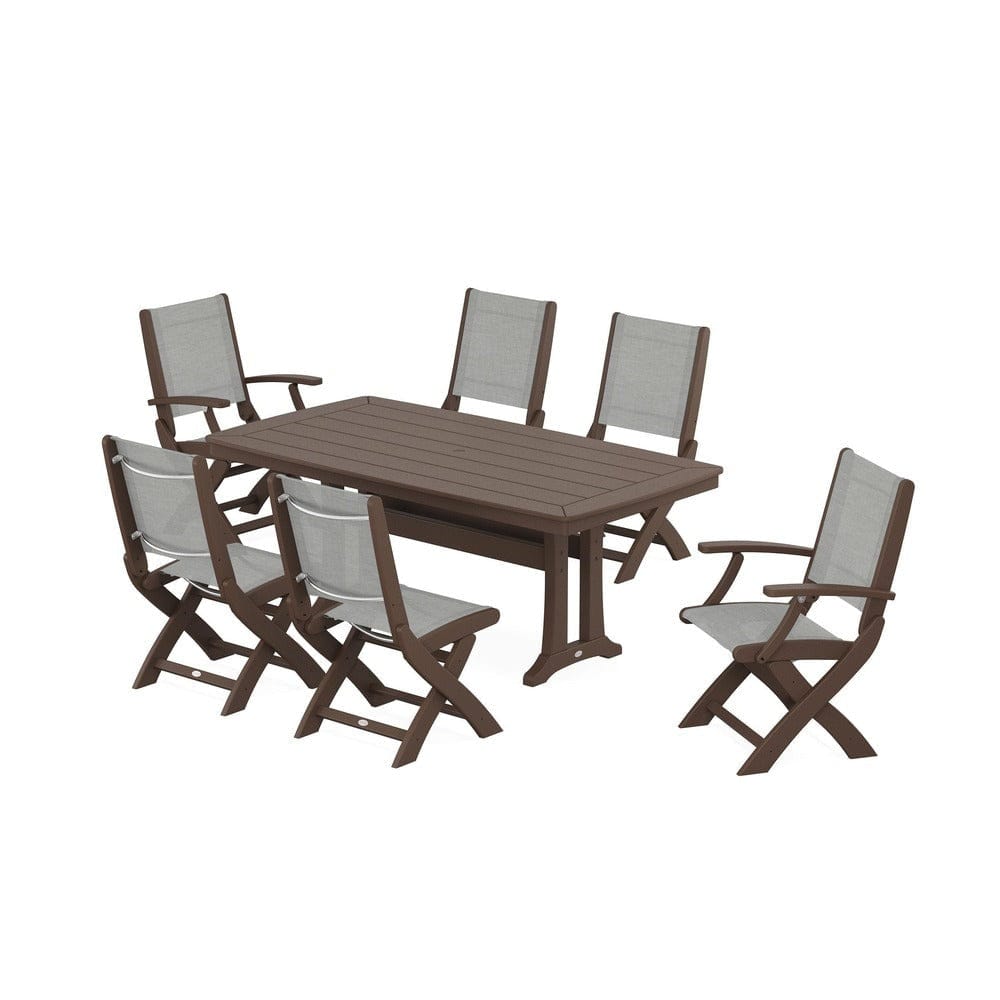 POLYWOOD® Outdoor Furniture Mahogany / Metallic Sling POLYWOOD® - Coastal Folding Chair 7-Piece Dining Set with Trestle Legs - PWS1037
