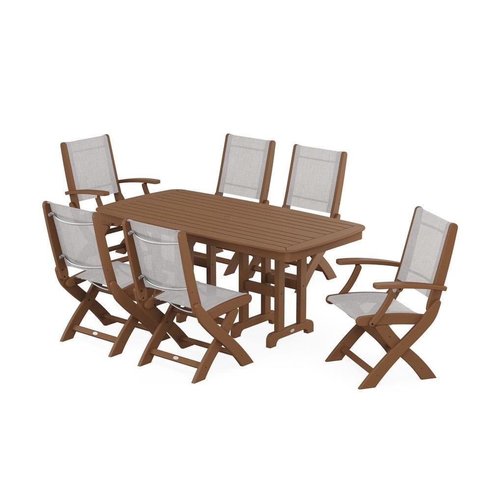POLYWOOD® Outdoor Furniture Teak / Parchment Sling POLYWOOD® - Coastal Folding Chair 7-Piece Dining Set - PWS1264