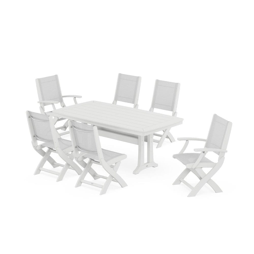POLYWOOD® Outdoor Furniture White / White Sling POLYWOOD® - Coastal Folding Chair 7-Piece Dining Set with Trestle Legs - PWS1037