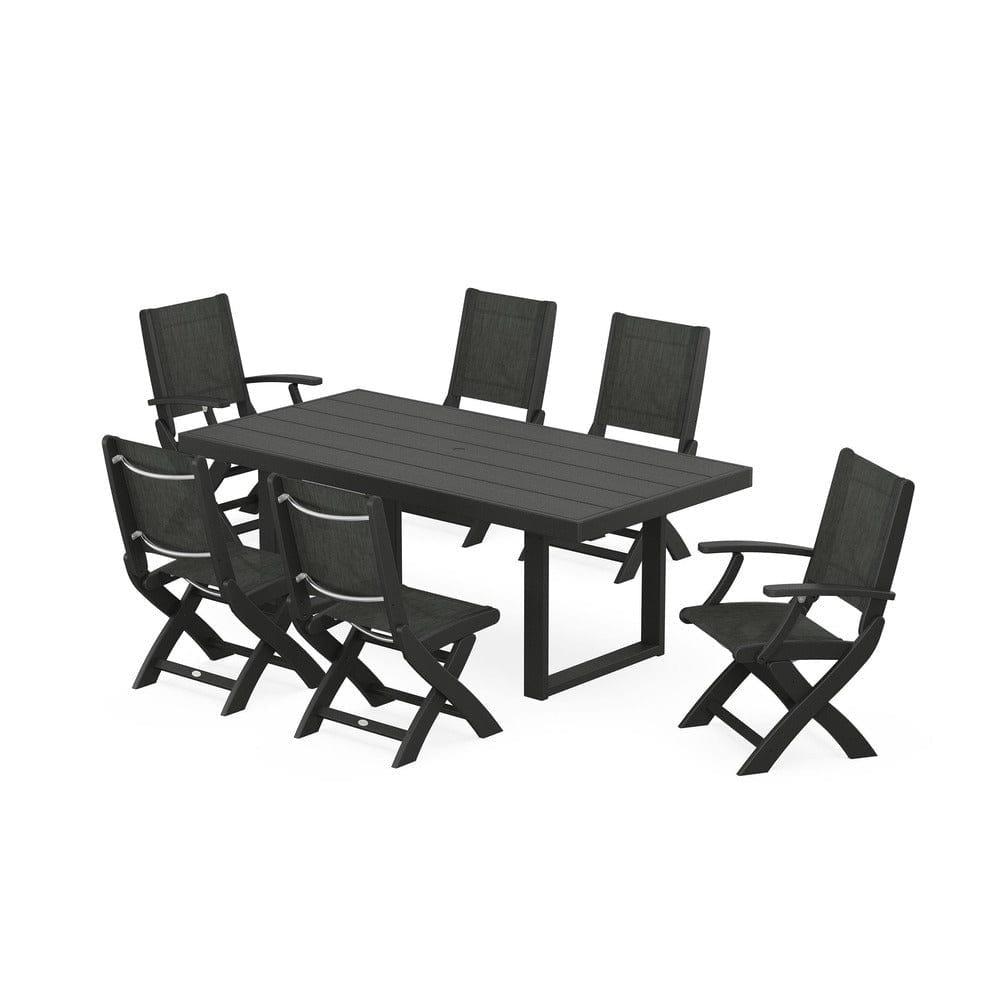 POLYWOOD® Outdoor Furniture POLYWOOD® - Coastal Folding Chair 7-Piece Dining Set with Trestle Legs - PWS871