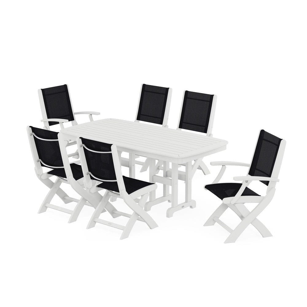 POLYWOOD® Outdoor Furniture White / Black Sling POLYWOOD® - Coastal Folding Chair 7-Piece Dining Set - PWS1264