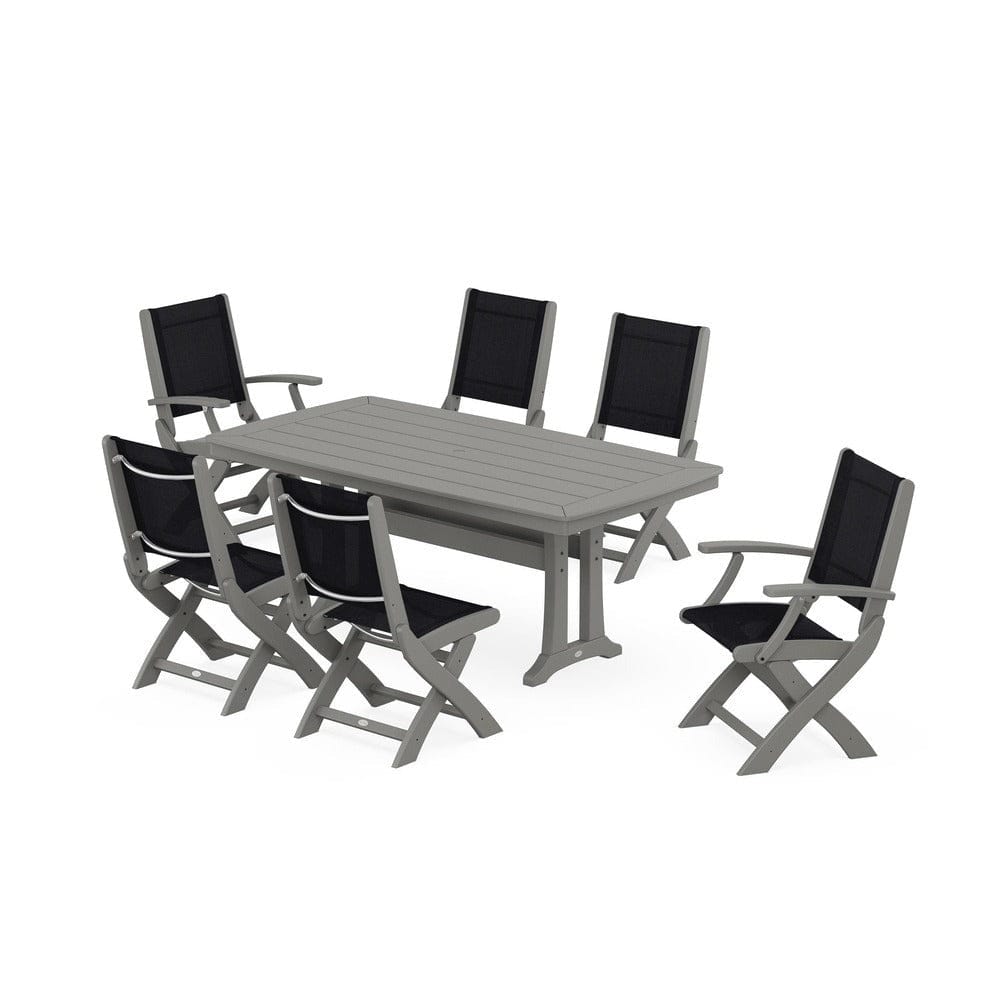 POLYWOOD® Outdoor Furniture Slate Grey / Black Sling POLYWOOD® - Coastal Folding Chair 7-Piece Dining Set with Trestle Legs - PWS1037
