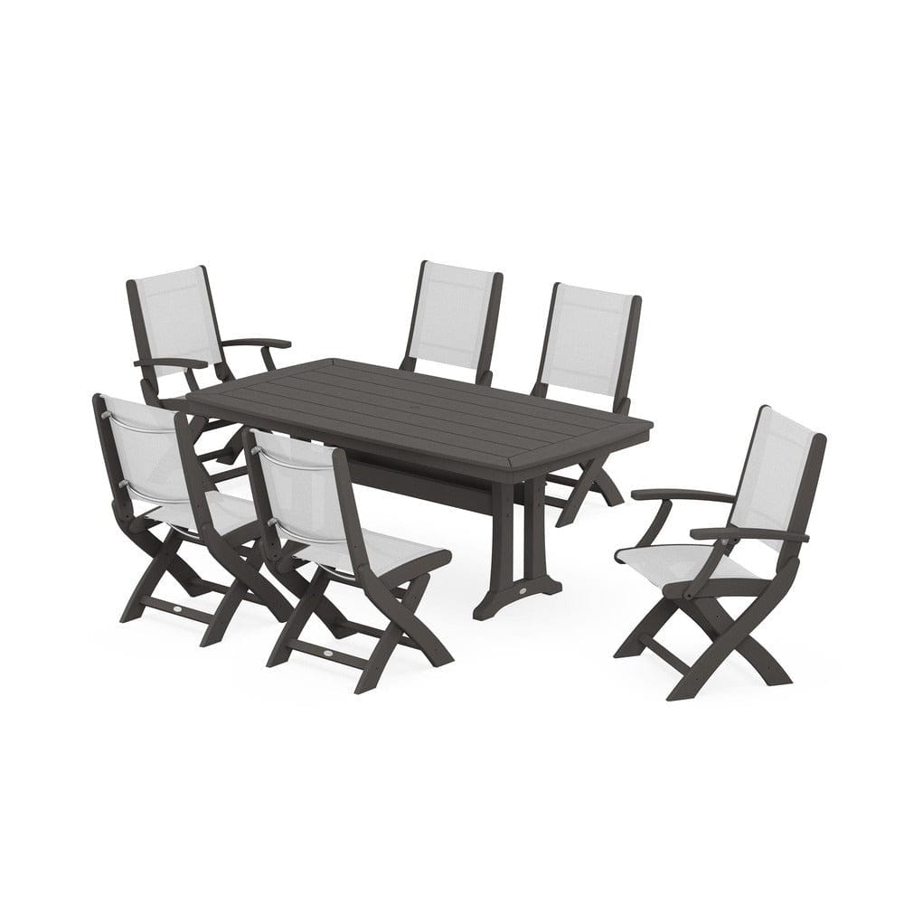 POLYWOOD® Outdoor Furniture Vintage Coffee / White Sling POLYWOOD® - Coastal Folding Chair 7-Piece Dining Set with Trestle Legs - PWS1037