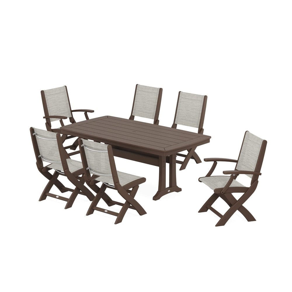 POLYWOOD® Outdoor Furniture Mahogany / Birch Sling POLYWOOD® - Coastal Folding Chair 7-Piece Dining Set with Trestle Legs - PWS1037