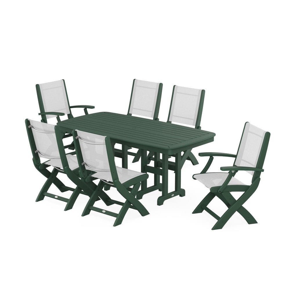 POLYWOOD® Outdoor Furniture Green / White Sling POLYWOOD® - Coastal Folding Chair 7-Piece Dining Set - PWS1264