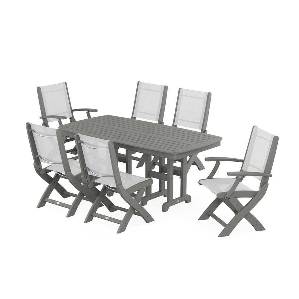 POLYWOOD® Outdoor Furniture Slate Grey / White Sling POLYWOOD® - Coastal Folding Chair 7-Piece Dining Set - PWS1264