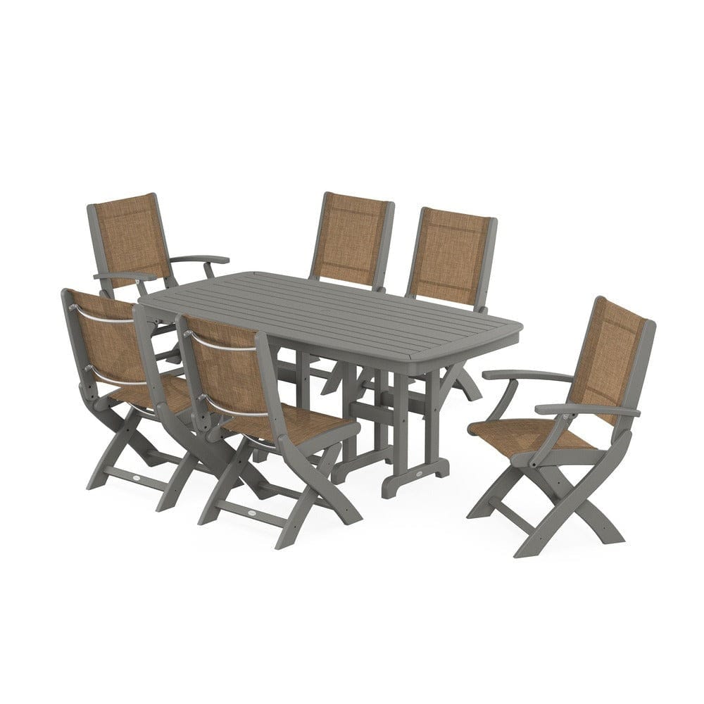 POLYWOOD® Outdoor Furniture Slate Grey / Burlap Sling POLYWOOD® - Coastal Folding Chair 7-Piece Dining Set - PWS1264