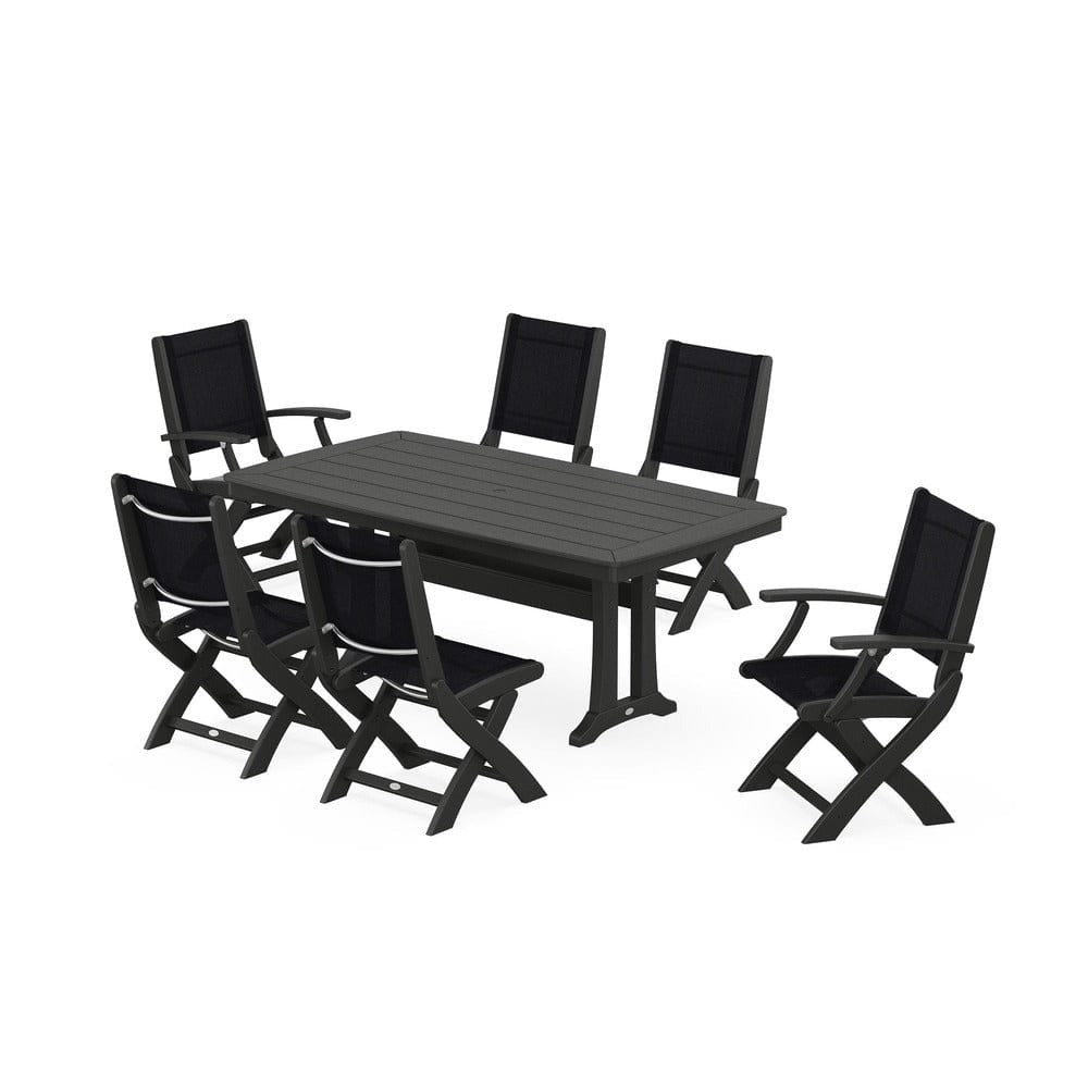 POLYWOOD® Outdoor Furniture Black / Black Sling POLYWOOD® - Coastal Folding Chair 7-Piece Dining Set with Trestle Legs - PWS1037