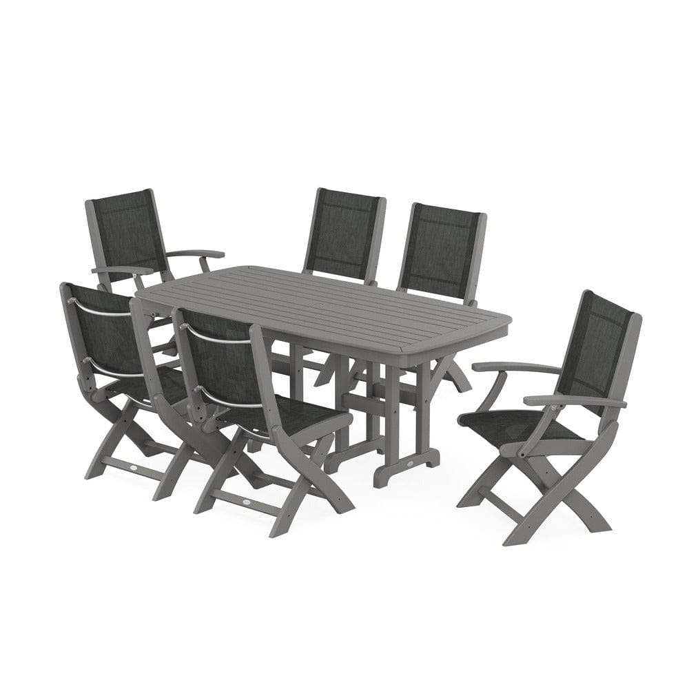 POLYWOOD® Outdoor Furniture Slate Grey / Ember Sling POLYWOOD® - Coastal Folding Chair 7-Piece Dining Set - PWS1264