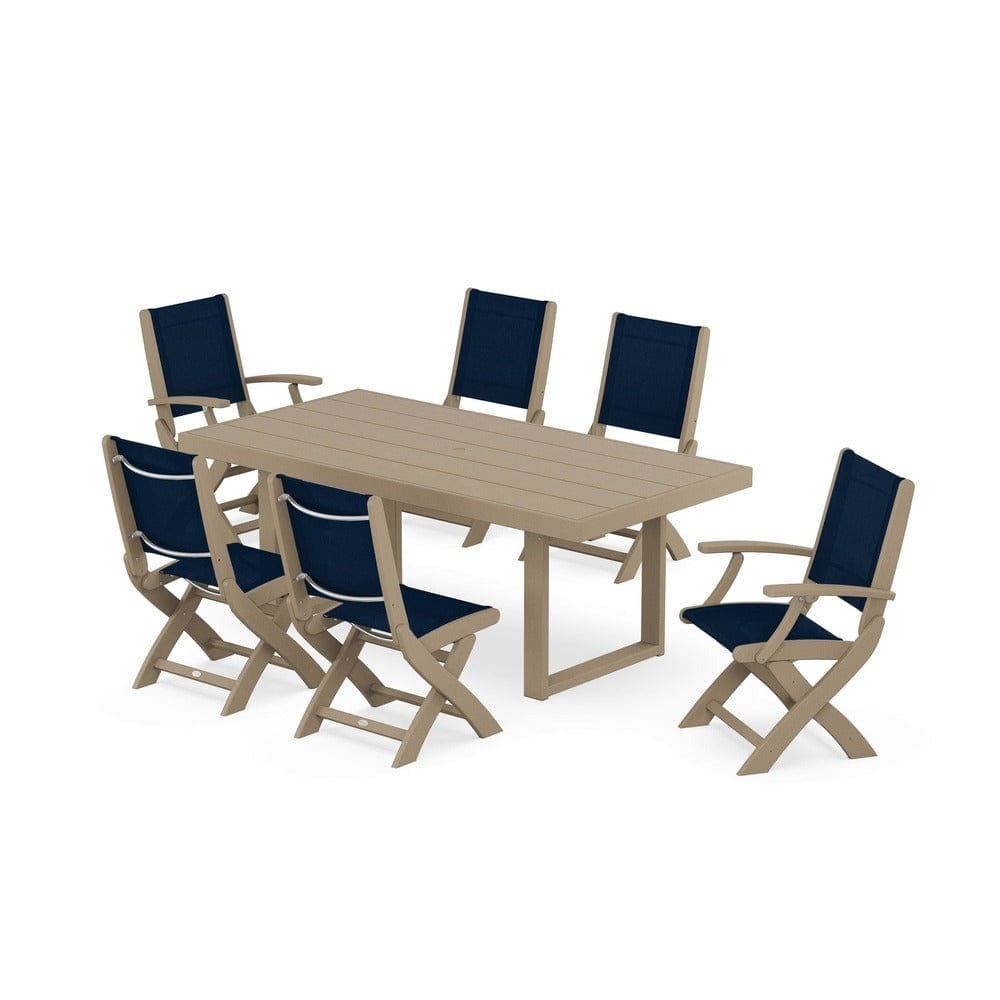 POLYWOOD® Outdoor Furniture POLYWOOD® - Coastal Folding Chair 7-Piece Dining Set with Trestle Legs - PWS871