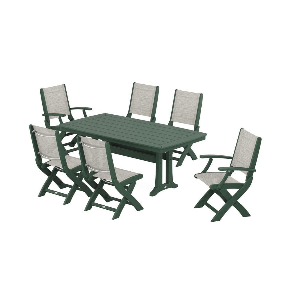 POLYWOOD® Outdoor Furniture Green / Birch Sling POLYWOOD® - Coastal Folding Chair 7-Piece Dining Set with Trestle Legs - PWS1037