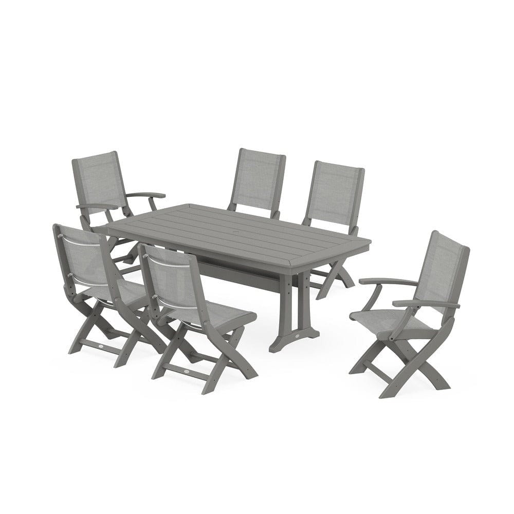 POLYWOOD® Outdoor Furniture Slate Grey / Metallic Sling POLYWOOD® - Coastal Folding Chair 7-Piece Dining Set with Trestle Legs - PWS1037