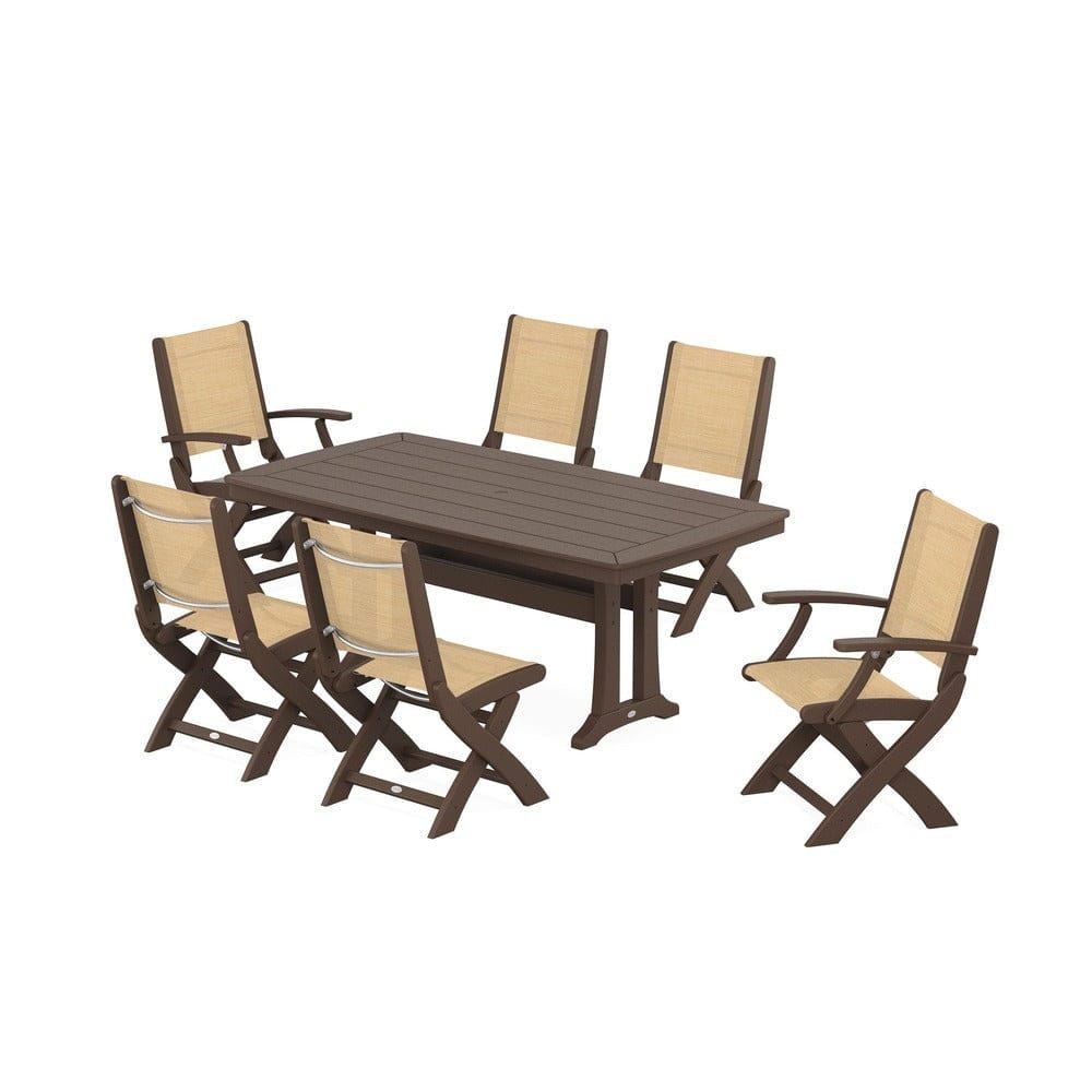 POLYWOOD® Outdoor Furniture Mahogany / Dupioni Apricot Sling POLYWOOD® - Coastal Folding Chair 7-Piece Dining Set with Trestle Legs - PWS1037