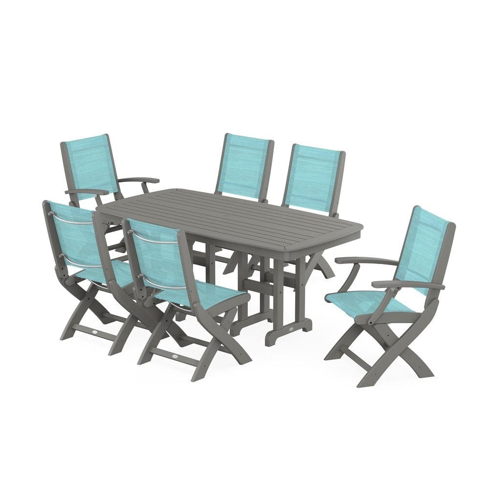 POLYWOOD® Outdoor Furniture Slate Grey / Dupioni Aquamarine Sling POLYWOOD® - Coastal Folding Chair 7-Piece Dining Set - PWS1264