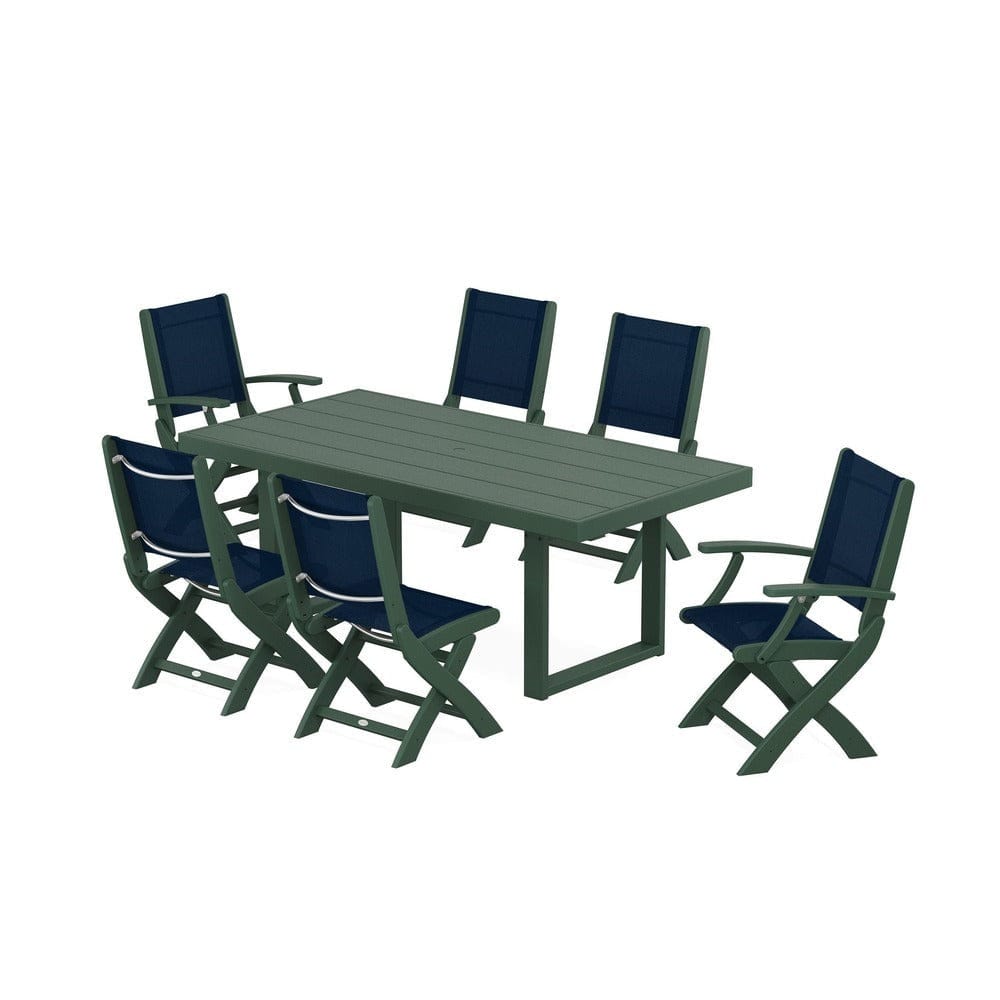 POLYWOOD® Outdoor Furniture Green / Navy Blue Sling POLYWOOD® - Coastal Folding Chair 7-Piece Dining Set with Trestle Legs - PWS871
