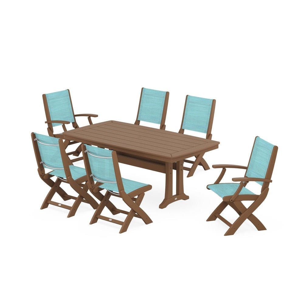POLYWOOD® Outdoor Furniture Teak / Dupioni Aquamarine Sling POLYWOOD® - Coastal Folding Chair 7-Piece Dining Set with Trestle Legs - PWS1037