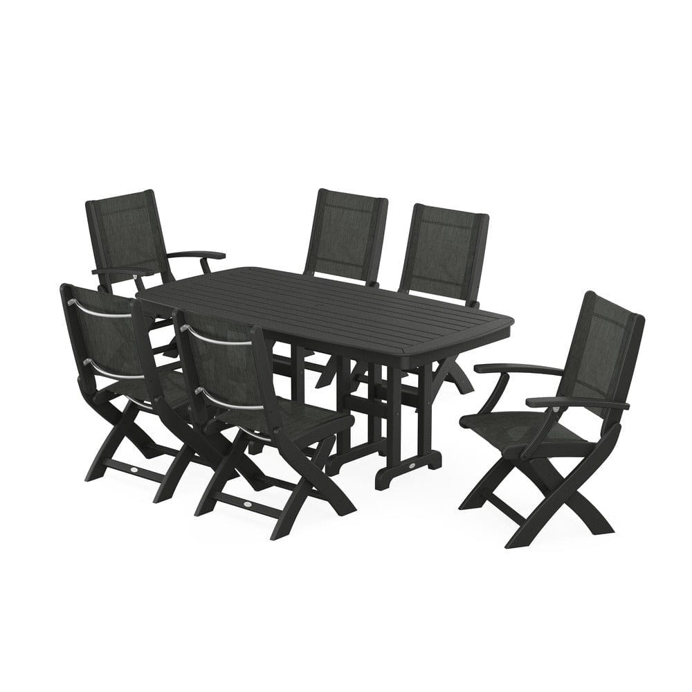 POLYWOOD® Outdoor Furniture Black / Ember Sling POLYWOOD® - Coastal Folding Chair 7-Piece Dining Set - PWS1264