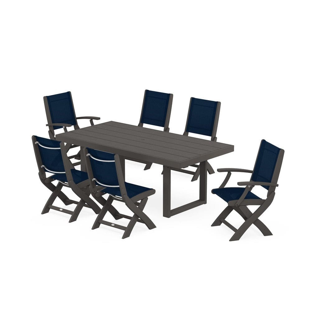 POLYWOOD® Outdoor Furniture Vintage Coffee / Navy Blue Sling POLYWOOD® - Coastal Folding Chair 7-Piece Dining Set with Trestle Legs - PWS871