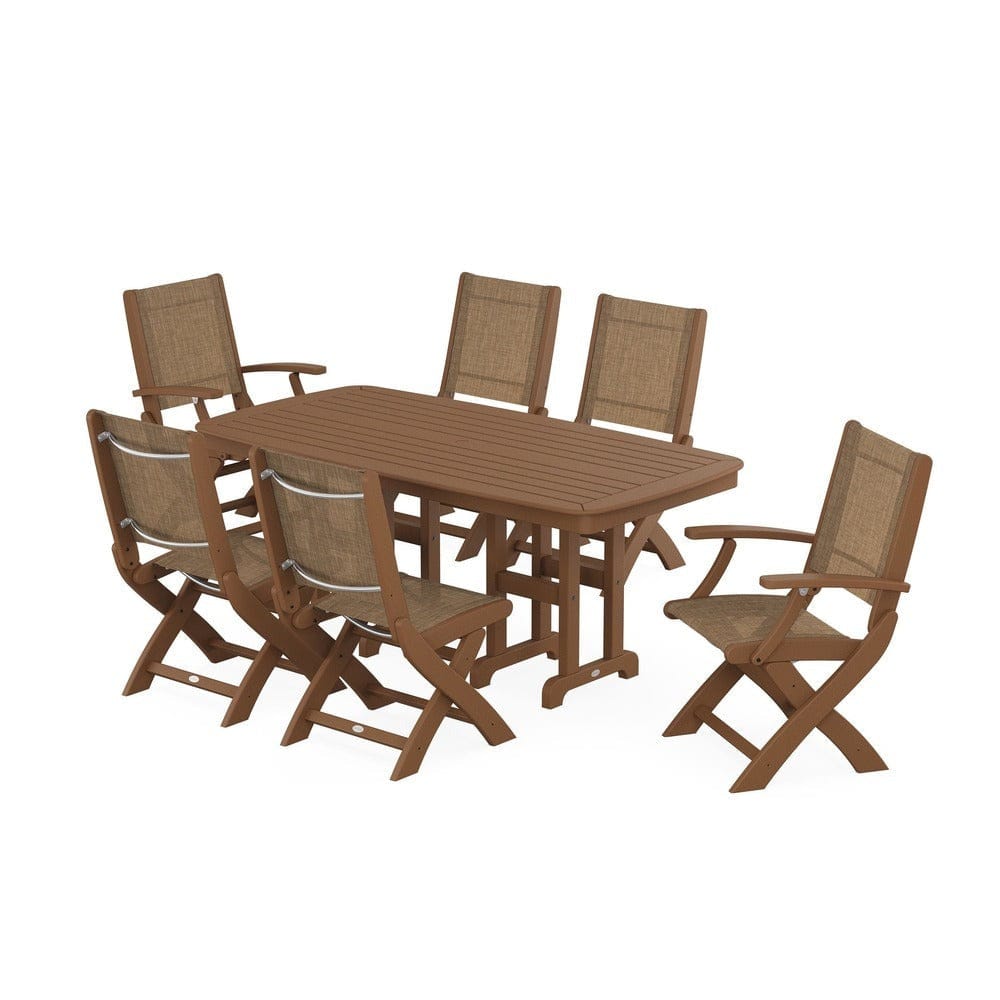 POLYWOOD® Outdoor Furniture Teak / Burlap Sling POLYWOOD® - Coastal Folding Chair 7-Piece Dining Set - PWS1264