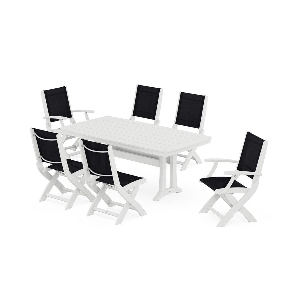 POLYWOOD® Outdoor Furniture White / Black Sling POLYWOOD® - Coastal Folding Chair 7-Piece Dining Set with Trestle Legs - PWS1037