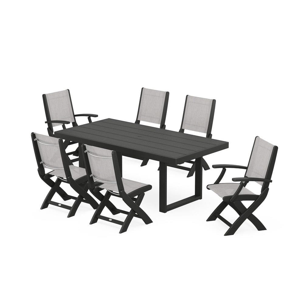 POLYWOOD® Outdoor Furniture Black / Parchment Sling POLYWOOD® - Coastal Folding Chair 7-Piece Dining Set with Trestle Legs - PWS871