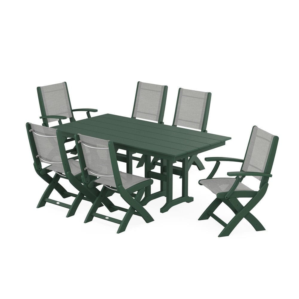 POLYWOOD® Outdoor Furniture Green / Metallic Sling POLYWOOD® - Coastal Folding Chair 7-Piece Farmhouse Dining Set - PWS1176