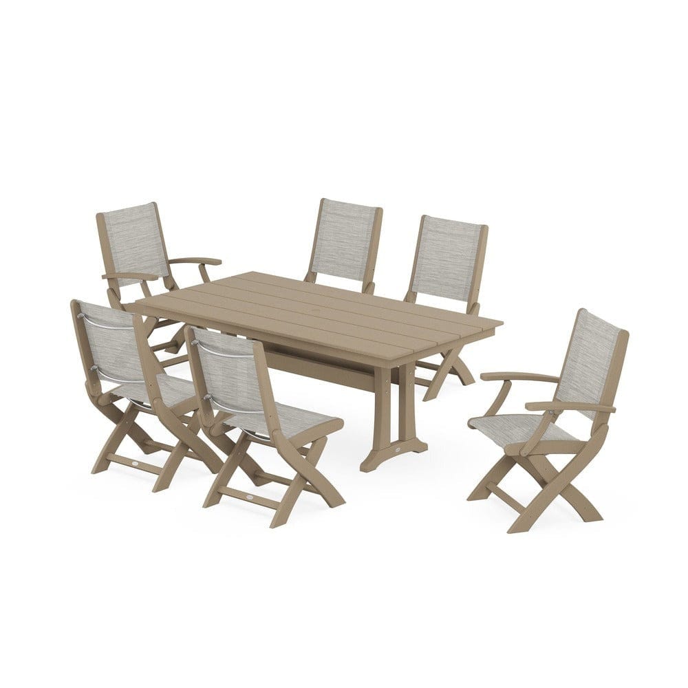 POLYWOOD® Outdoor Furniture Vintage Sahara / Birch Sling POLYWOOD® - Coastal Folding Chair 7-Piece Farmhouse Dining Set with Trestle Legs - PWS1001