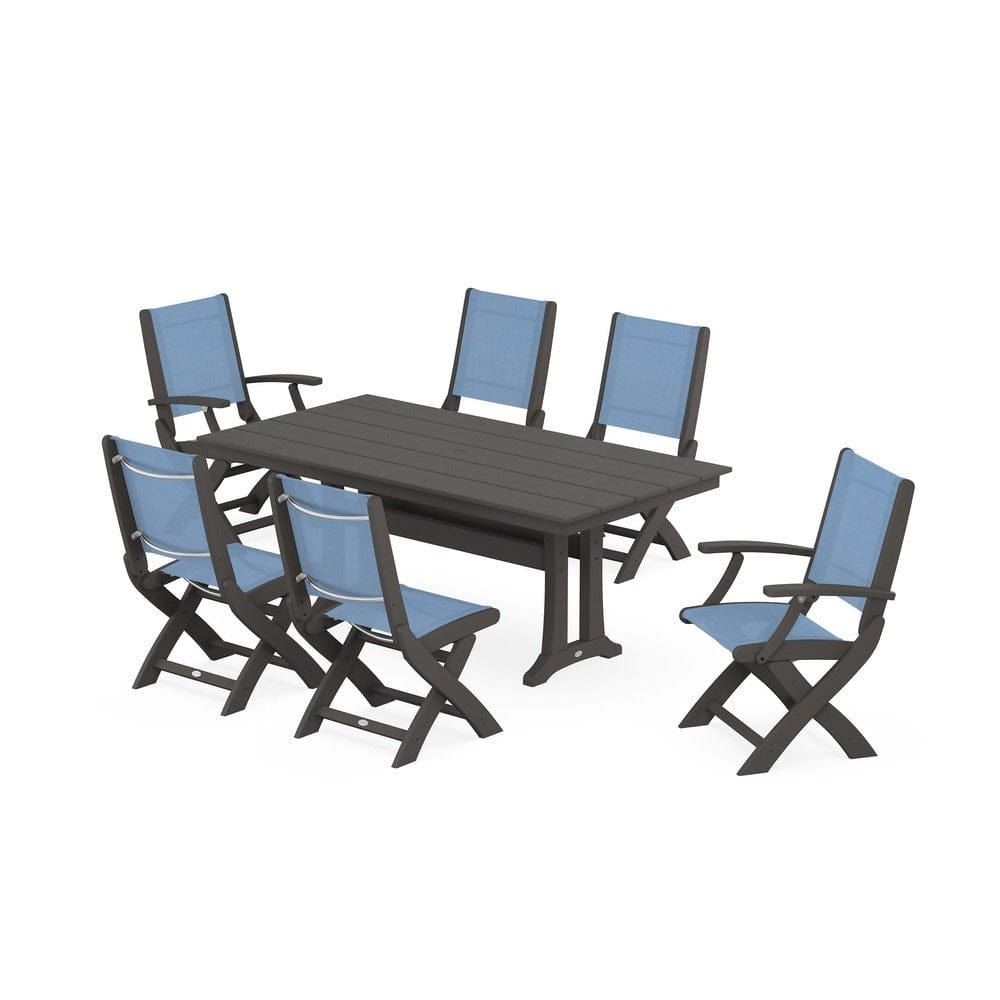 POLYWOOD® Outdoor Furniture Vintage Coffee / Poolside Sling POLYWOOD® - Coastal Folding Chair 7-Piece Farmhouse Dining Set with Trestle Legs - PWS1001