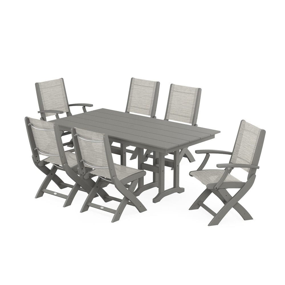 POLYWOOD® Outdoor Furniture Slate Grey / Birch Sling POLYWOOD® - Coastal Folding Chair 7-Piece Farmhouse Dining Set - PWS1176