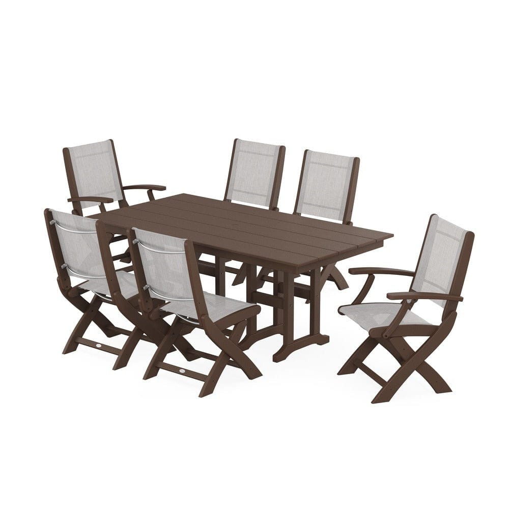 POLYWOOD® Outdoor Furniture Mahogany / Parchment Sling POLYWOOD® - Coastal Folding Chair 7-Piece Farmhouse Dining Set - PWS1176